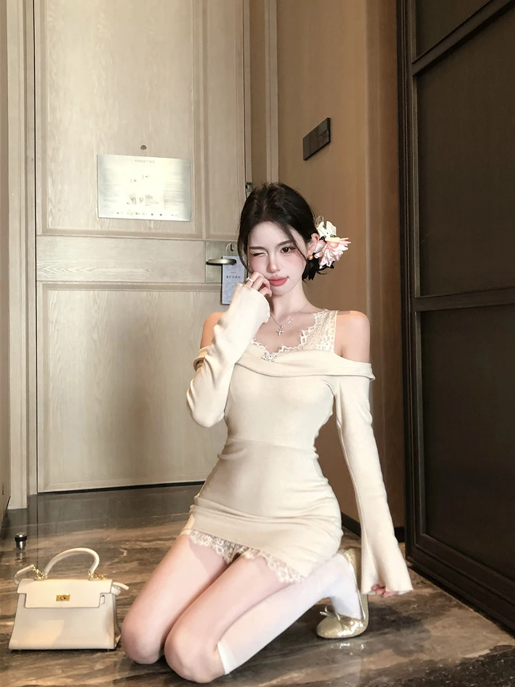 

Lace patchwork off shoulder long sleeved knitted dress for women autumn Spring 2025 New slim fit hip Dress slim Mini skirt