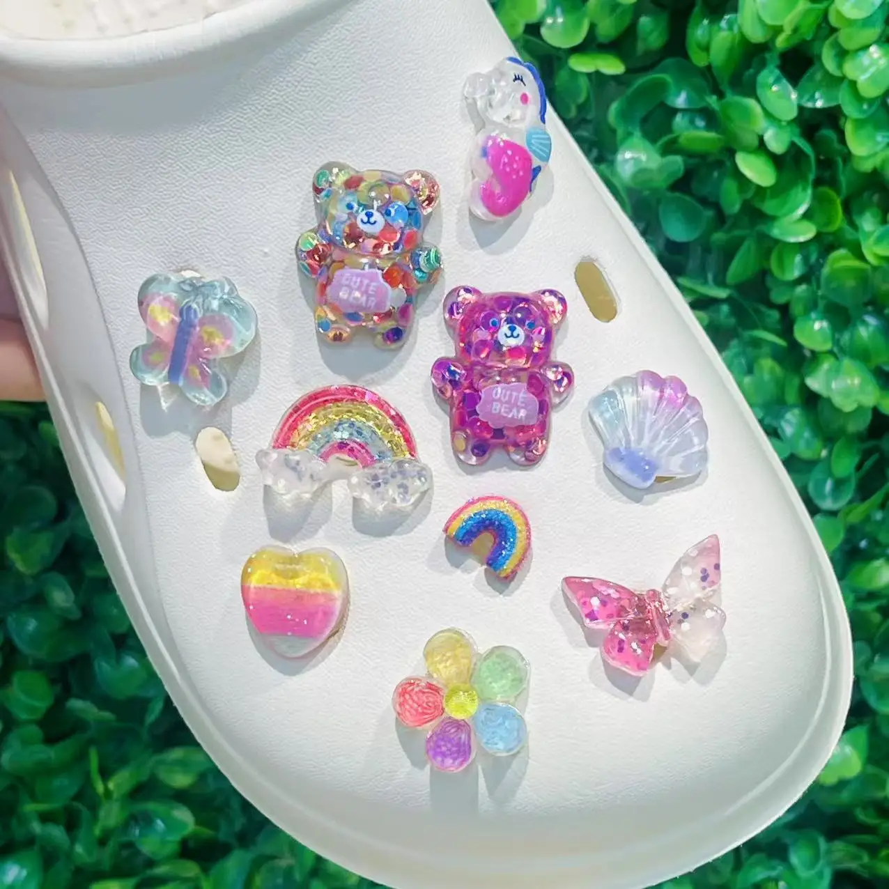 1-10pcs Sequins Butterfly Bear Rainbow Seahorse Heart Resin Shoe Charms Children Adorable Hole Shoes Ornaments For Clogs Pins 