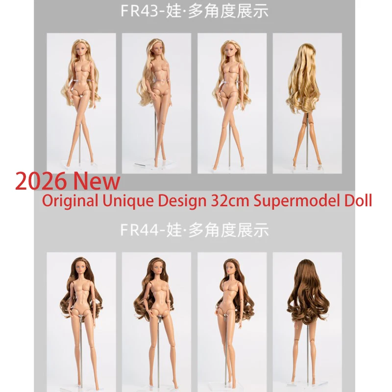 Boneca Supermodelo Nua de 32cm, Estilo Europeu Elegante, Boneca BJD 1/6, Cabelo Longo e Cacheado, Corpo com 12 Articulações