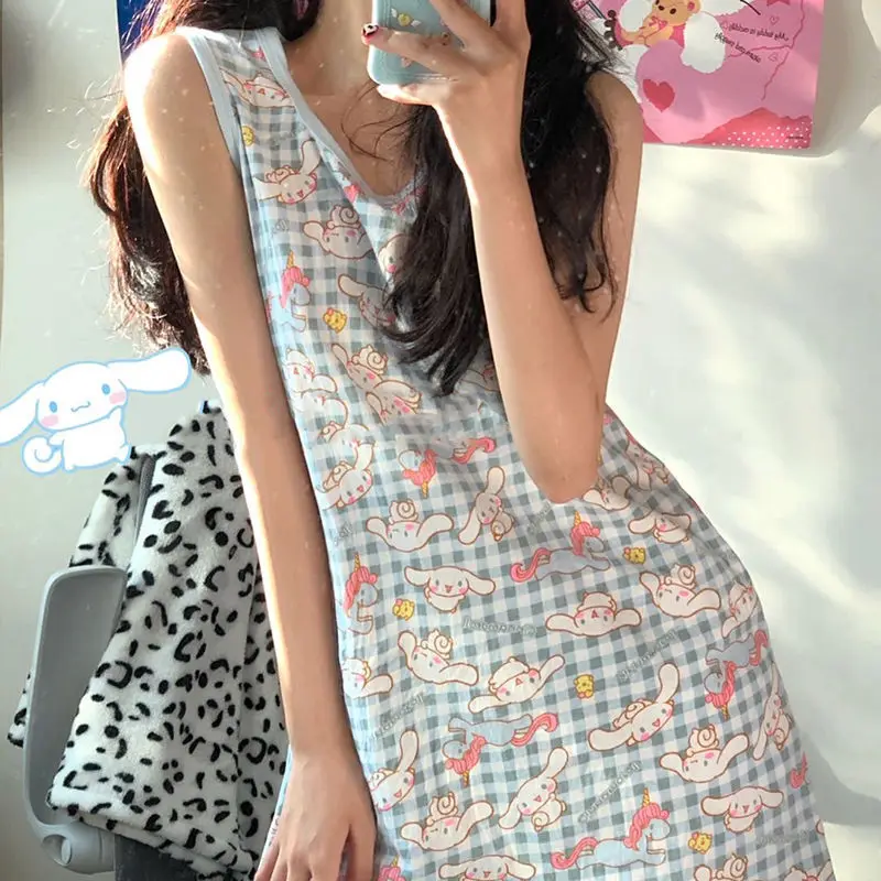 Cute Hello Kitty Sleeveless Nightgown for Women In Summer, Melody Cinnamoroll Thin Loose Casual Student Dormitory Vest Dress