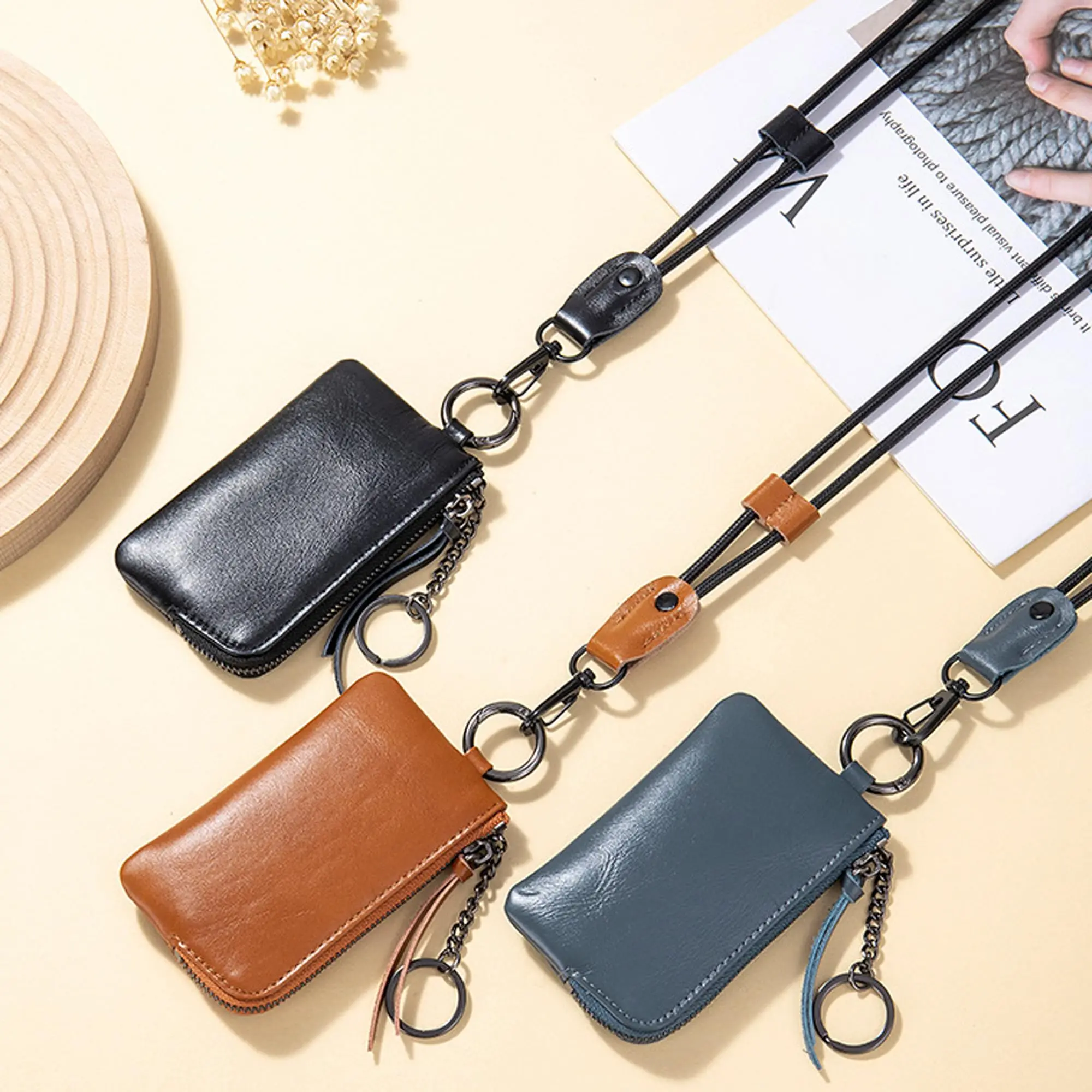 Small Coin Purse for Women Minimalist Functional Hanging Leather Keychain Wallet Fashion Change Purse for Credit Card Holder
