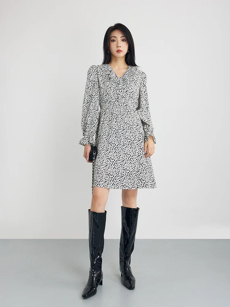 

CLMX Retro Charm Ele Romantic Sle Color Blo Leopard Print Ruffle Hem Small V-Ne Dr Polyester Material