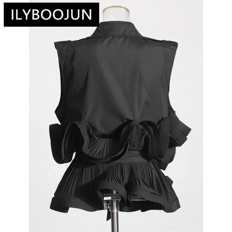 ILYBOOJUN Solid Temperament Spliced Folds Shirt For Women Lapel Sleeveless Patchwork Lace Up Designer Blouses Female Fashion