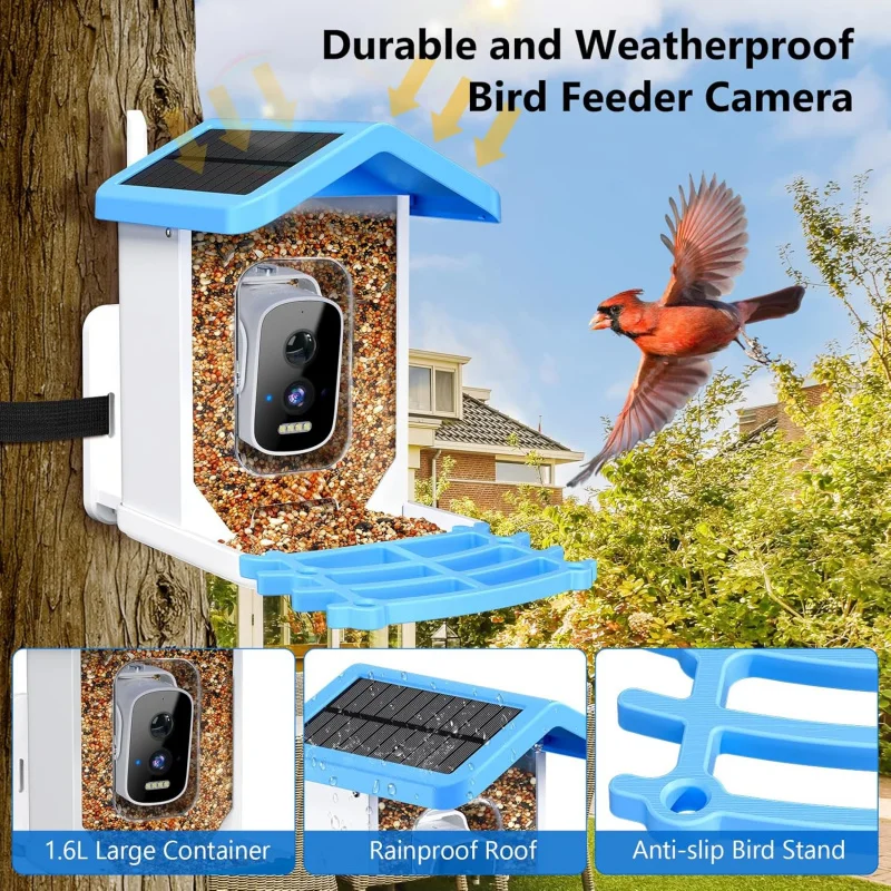WiFi Smart Bird Feeder with Camera AI Bird Species Identify Solar Powered Wireless Outdoor 5MP HD Bird Camera for Outside Garden