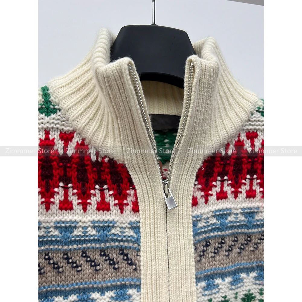 Colour jacquard collar cashmere knitted cardigan female 2024 autumn and winter new retro lazy wind double zip jumper jacket