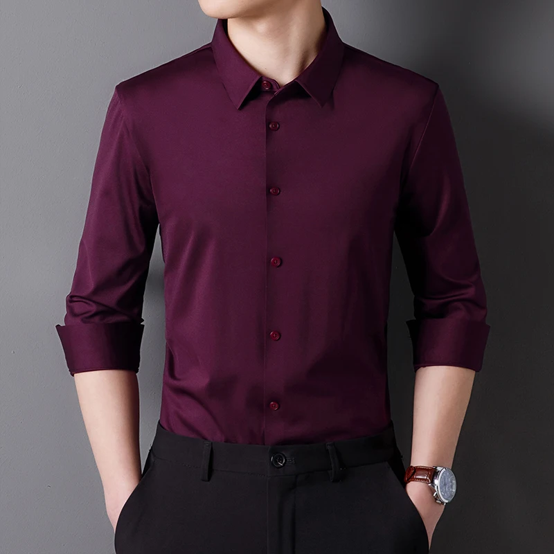 Spring And Summer New Men's Shirts Traceless Business Casual Anti-wrinkle Elastic Long-sleeved Iro-free Slimfitting Men Clothing