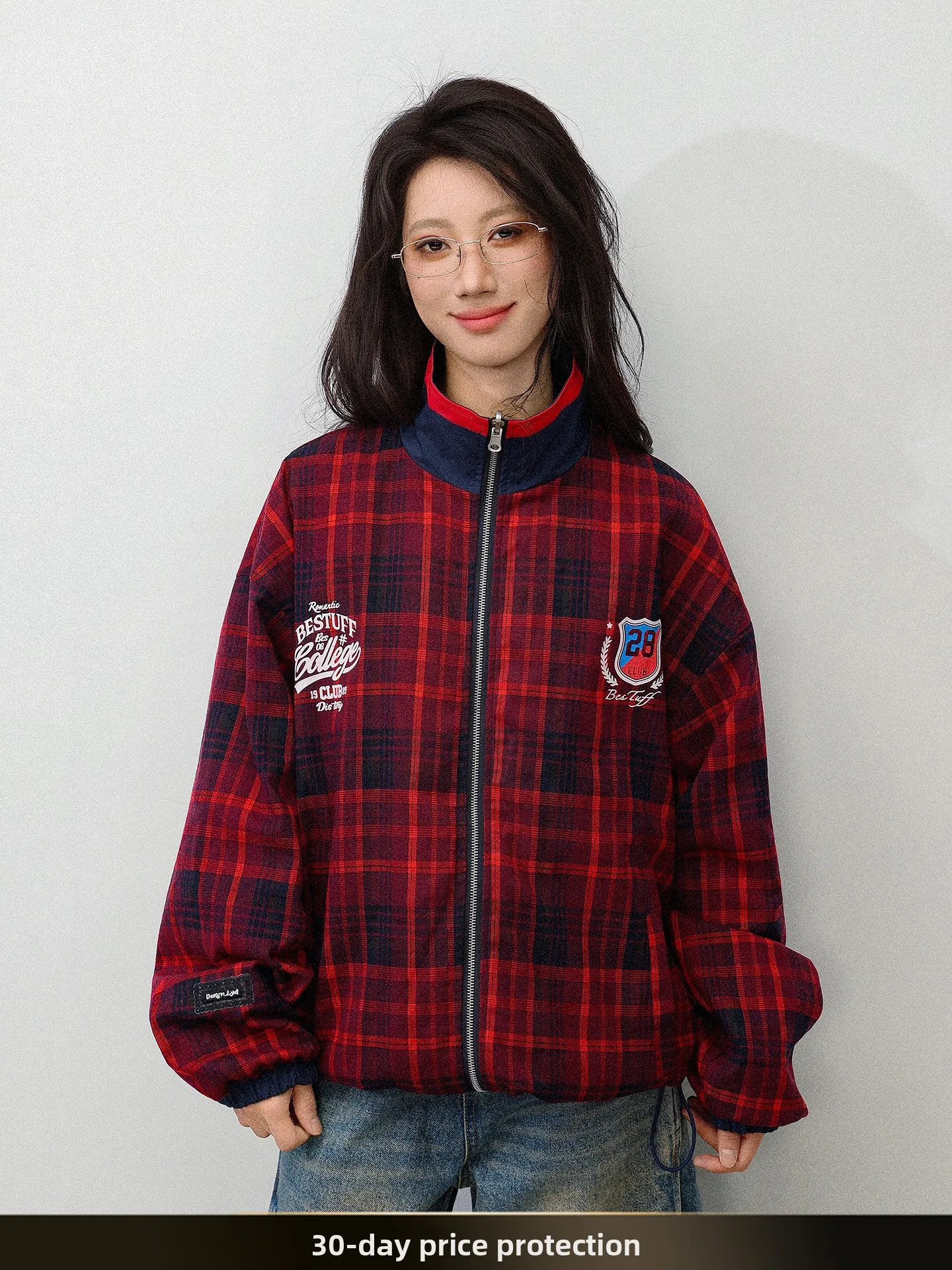 

Мужская куртка в американском ретро-стиле с вышивкой и клетчатыми вставками, свободного кроя, двусторонняя, осенняя новинка, верхняя одежда