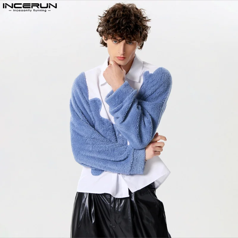 INCERUN Tops 2024 Fashion New Mens Personality Suede Patchwork Irregular Shirts Male Casual Streetwear Long Sleeved Blouse S-5XL