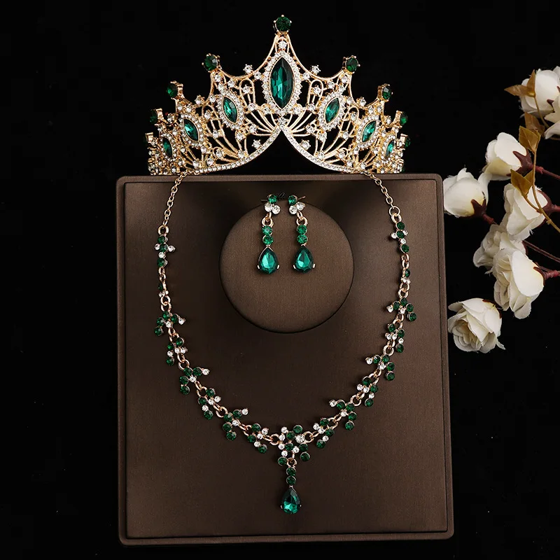 DIEZI Elegant Pink Crystal Tiara Crown For Women Wedding Girls Party Crown Necklace Earrings Jewelry Sets Hair Dress Accessories