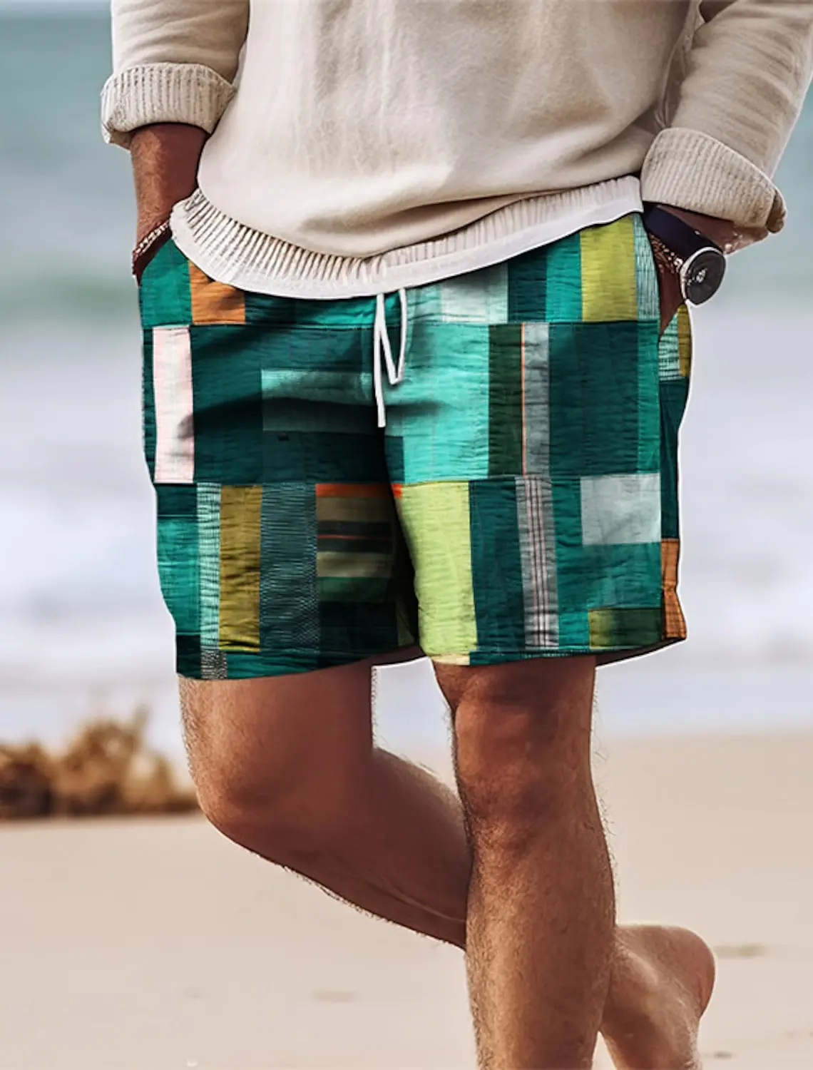 Men's summer beach shorts, 3D drawstring, printed pattern, color blocking, breathable and soft, Hawaiian street style.