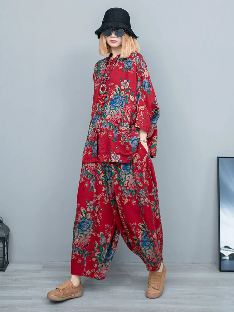 Red Flower Cotton Linen Pumpkin Pants Women 2024 Spring Summer Loose Floral Pant LX1170