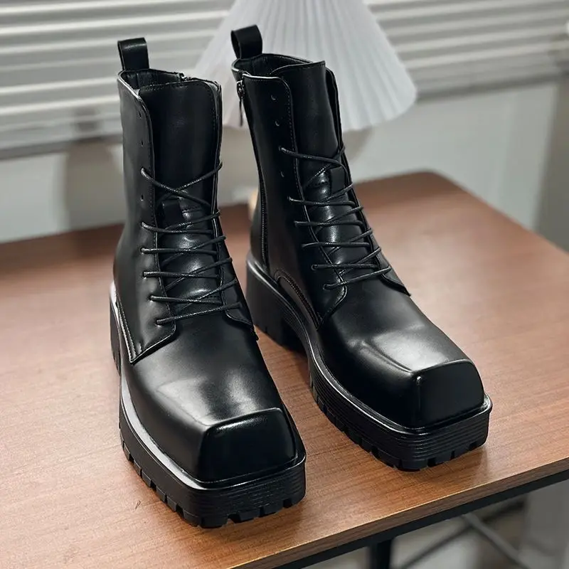 

2026 New Men's High-top Motorcycle Boots, High-quality Men's Increased Non-slip Breathable Square Boots, Men's Boots