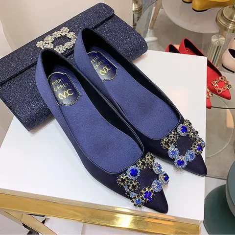Pointed Toe Flat Bottom Women's Shoes Soft Sole Versatile Commuter Lady Spring Autumn New Style Diamond Embellished Wedding Shoe