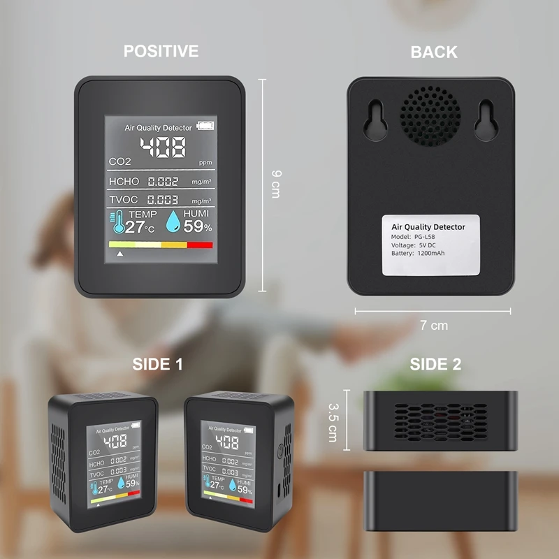 5 In1 CO2 متر الرقمية جهاز قياس درجة الحرارة والرطوبة كاشف ثاني أكسيد الكربون مراقبة جودة الهواء TVOC HCHO محلل