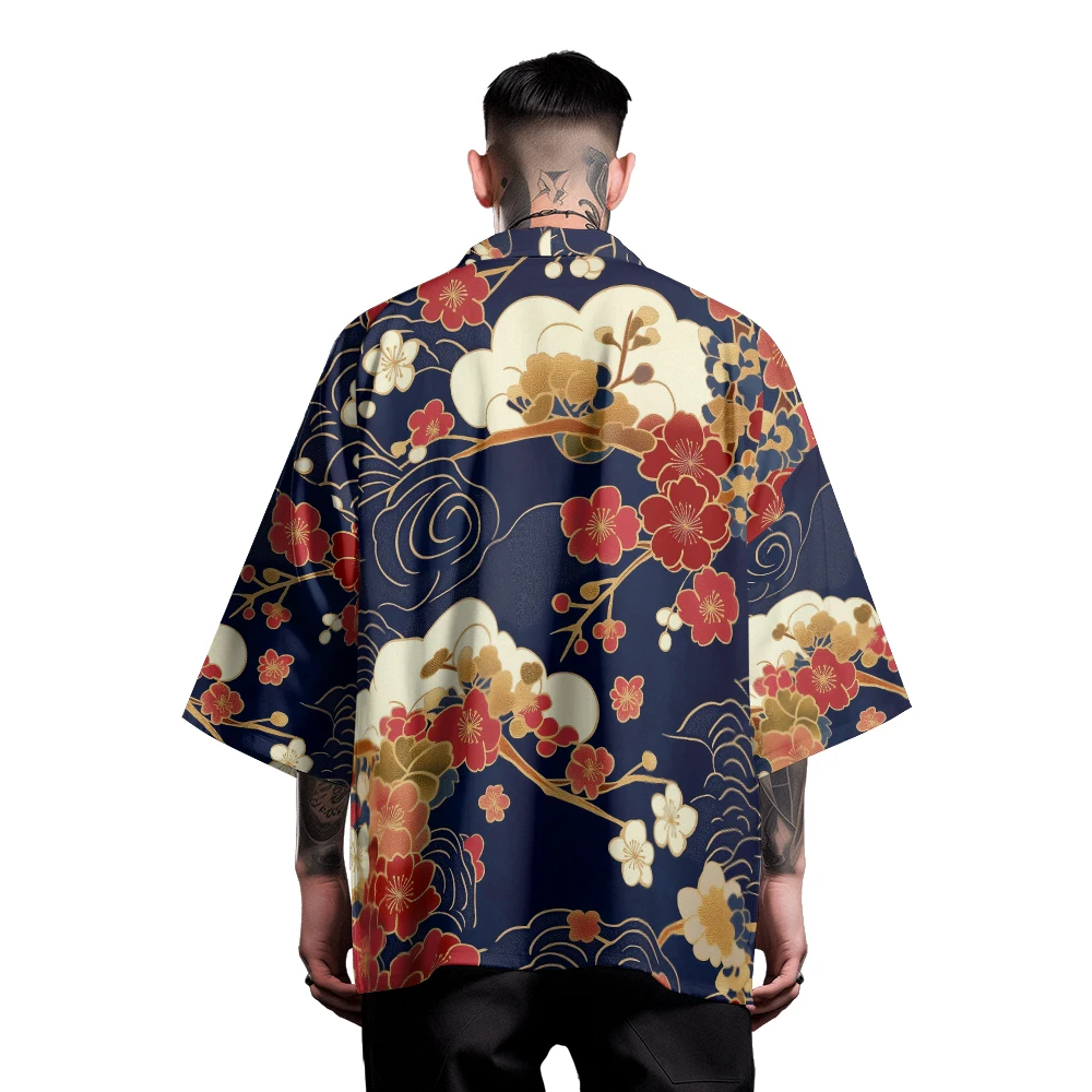 Classic Versatile Section Fashion Fox Color Printed Feather Woven Robe Men's Fashion Design Casual Kimono Men's Tops