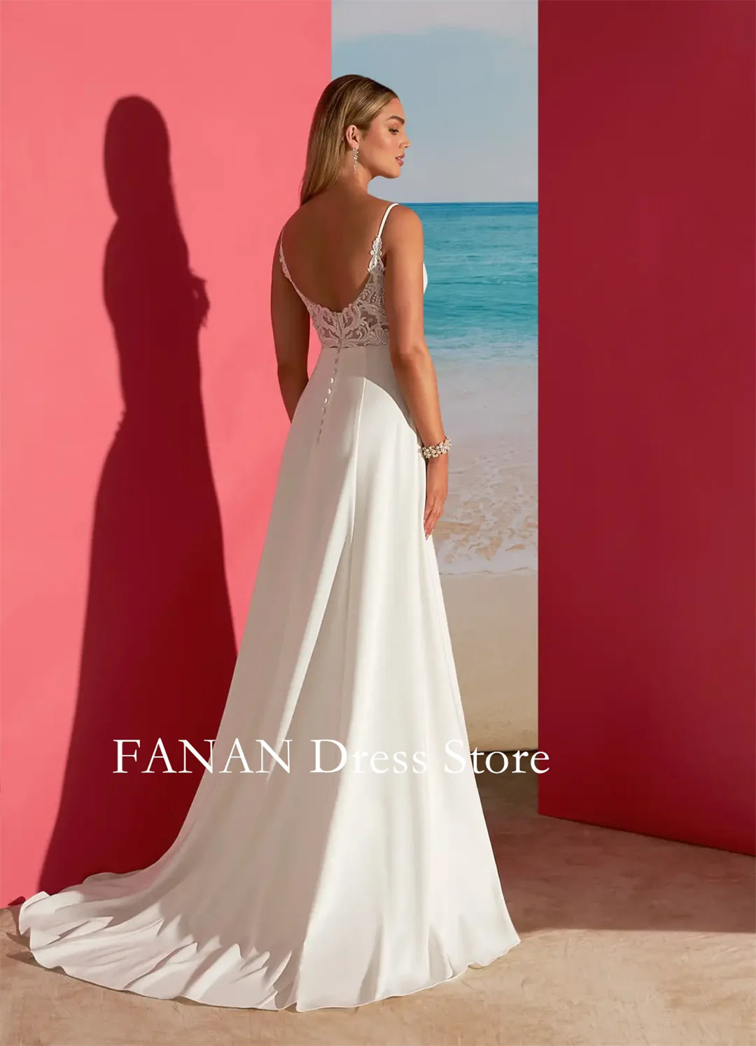 Fanan Diamond White A-Line V-Neck Sequins Stretch Crepe Dress Customized Wedding Gown Elegant Wedding Dresses without Sleeves