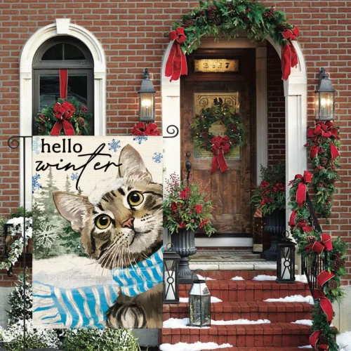 Hello Winter Snow Cat Garden Flag 12X18 Inch Double Sided, Seasonal Holiday Farm KKL AAL HHM WZZ yyi