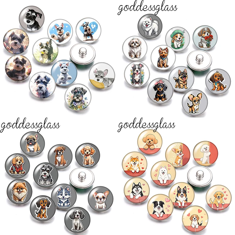 Cute Dogs Cartoon Pet Family Photo 10pcs 12mm/18mm Snap Buttons for 12mm/18mm Snap Bracelets DIY Jewelry