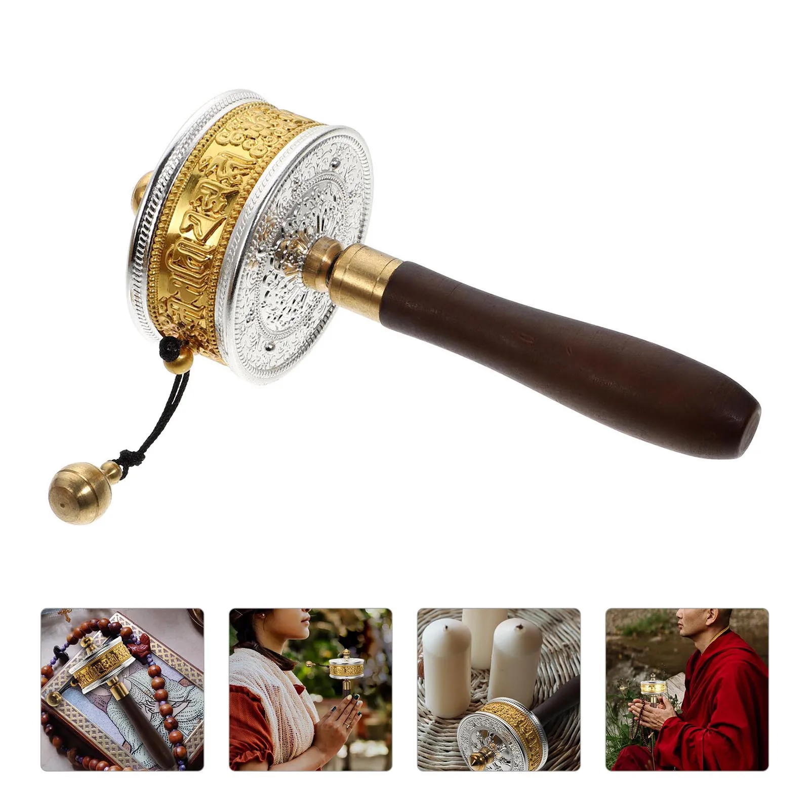 

1 pc Golden Copper Wood Handle Prayer Wheel For Home Office Decor Buddhist Artifact Noise-Less Mute Portable