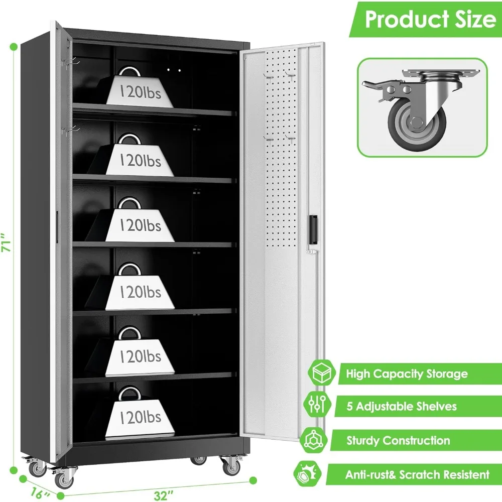 Adjustable Shelves Metal Garage Storage Cabinet with Wheels, 71 Tall, Lockable Doors, and Pegboard for Garage Organization