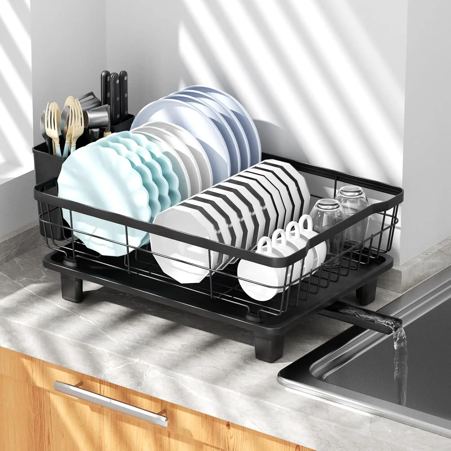 

Space-Saving Small Dish Drying Rack with Cutlery Holder, Black, 11''W x 15''L for Kitchen Counter