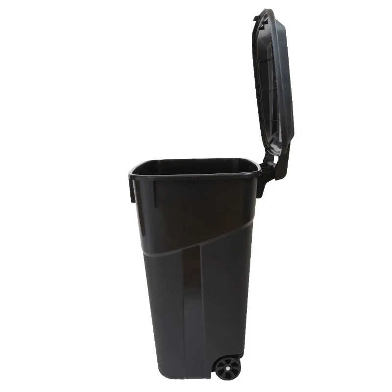 32 Gallon Wheeled Heavy Duty Plastic Garbage Can, Attached Lid, Black