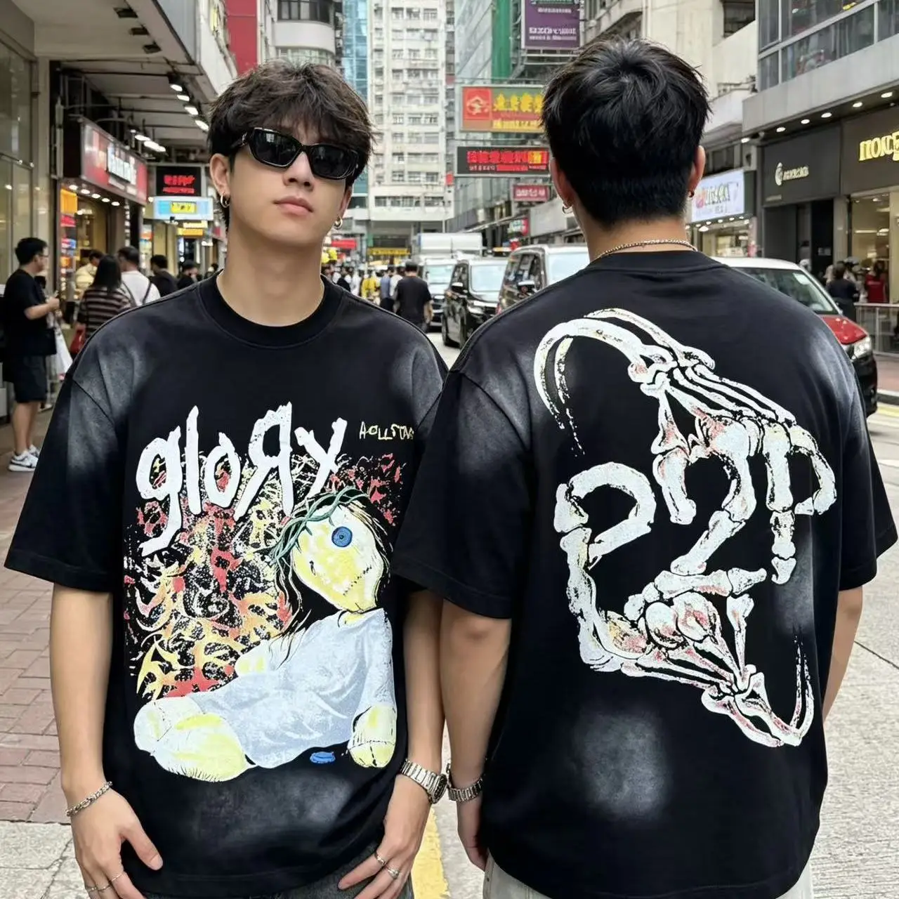 Retro Washed Cotton T-Shirt Skull Doll Print Loose Fit Short Sleeve Youth Fashion Streetwear Vintage Style Unisex T-Shirt