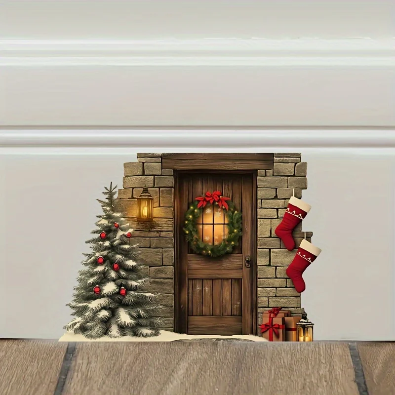 Mini Christmas Elf House Stickers Removable Easy Paste Wall Decoration Corner Holiday Art AA595