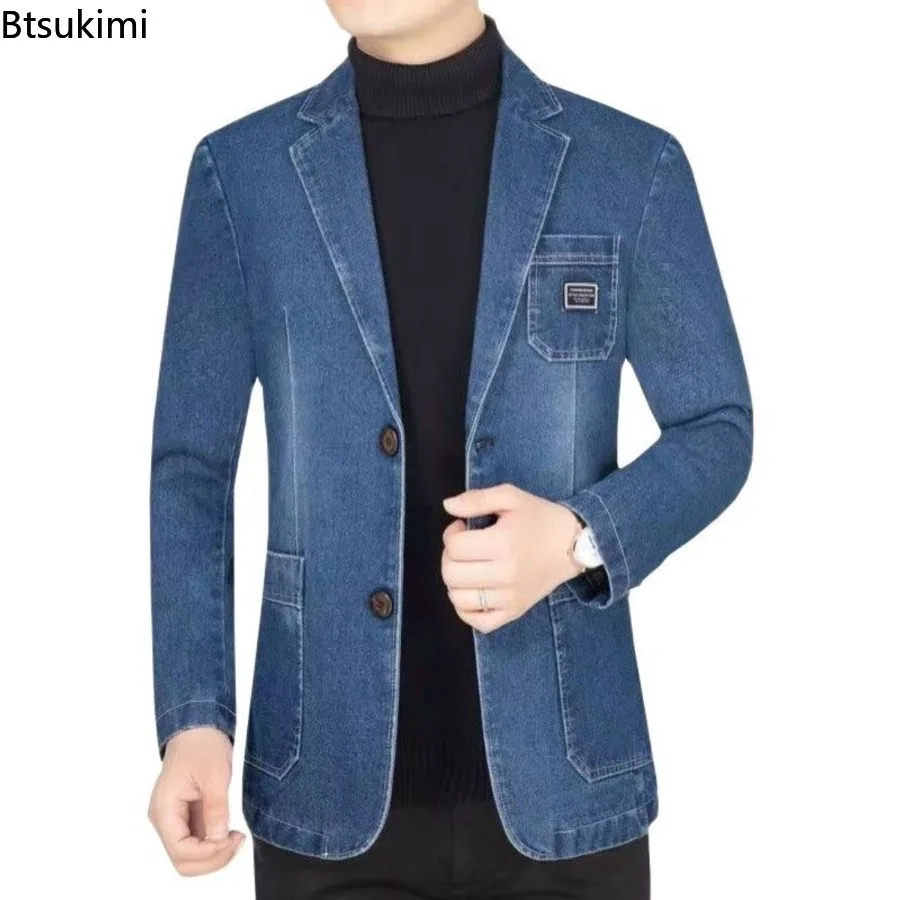 New 2026 Men's Spring Autumn Denim Suit Jacket Suit Collar Jeans Jacket High-end Coat Trend Single West Men Casual  Men Clothing