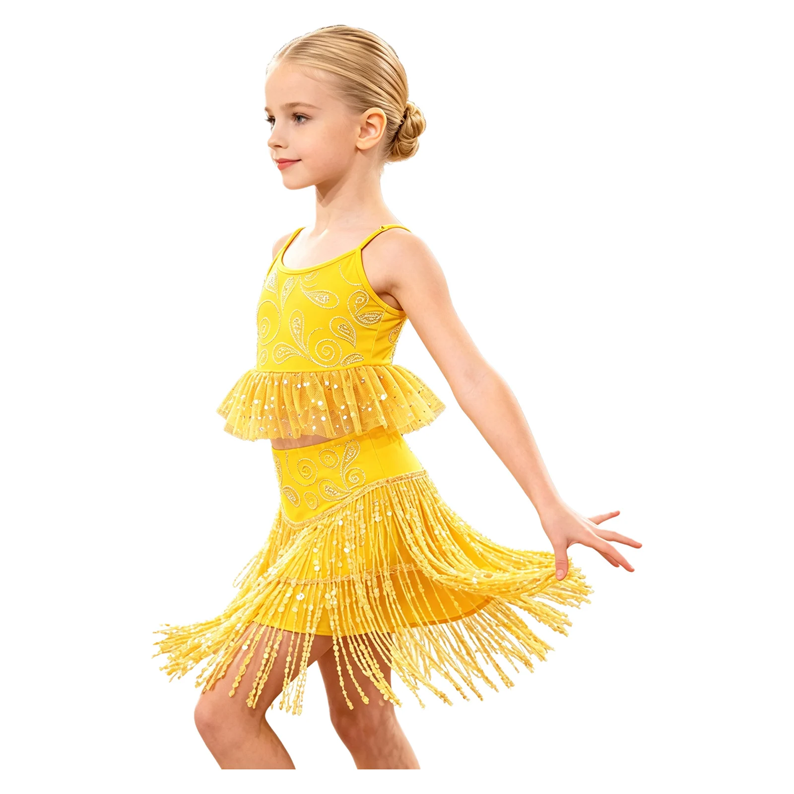 Kids Girls Latin Jazz Dance Tango Rumba Salsa Costume Spaghetti Straps Rhinestone Tulle Peplum Top with Sequin Tassels Skirt