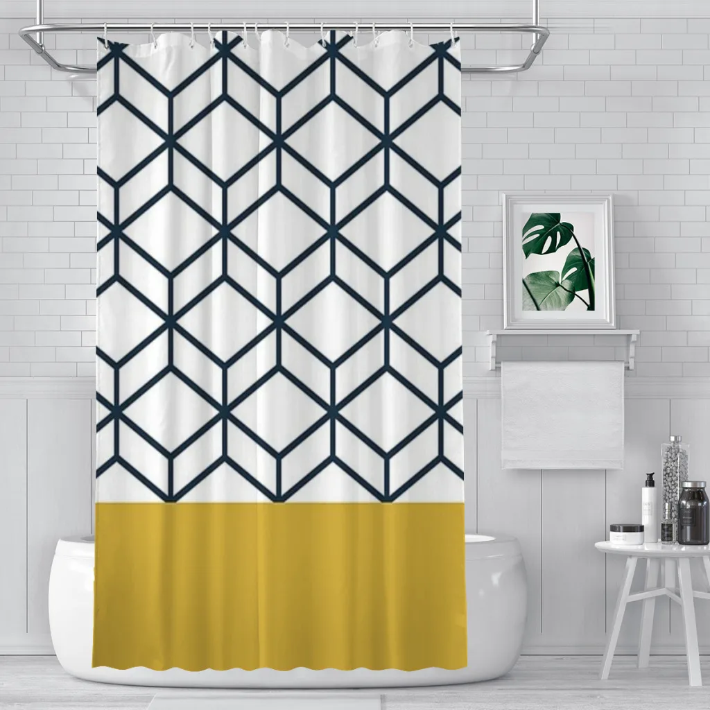 Honeycomb Geometric Lattice 2 in Mustard Yellow, Navy Blue, and White Unique decor Modern Fabric Bathroom Shower Curtains