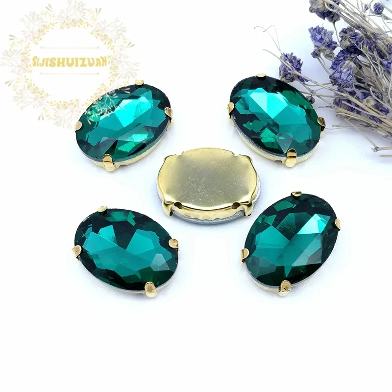 Malachite green Crystal Oval With Gold Claw Setting Rhinestones Sewing Clothe For Needlework Stone DIY Sew On Wedding Dress Shoe