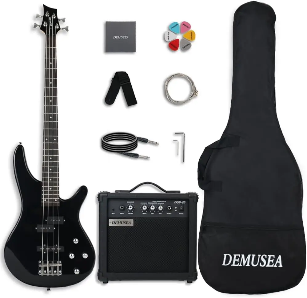 Electric Bass Guitar Starter Kit, Full Size 34-Inch Scale Length, 24-Fret Black Bass with 20W Bass Amp, Beginner Practice Pack Includes Free Gig Bag, Strap, Noiseless Cable, Strings and Picks