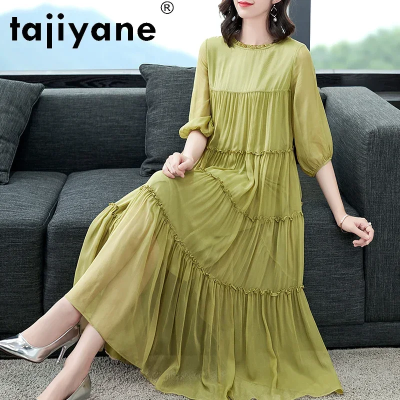 

Tajiyane Women's Summer Dress Women 100% Silk White Dress Oversized Woman Real Silk Dresses Female Cloth Kobieta Sukienka TN2513