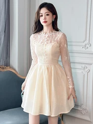 Women's Fairy Cute Birthday Party Dresses Female Lovely Sheer Mesh Lace Splice Swing Mini Gown Girl Banquet Date Vestidos Mujer