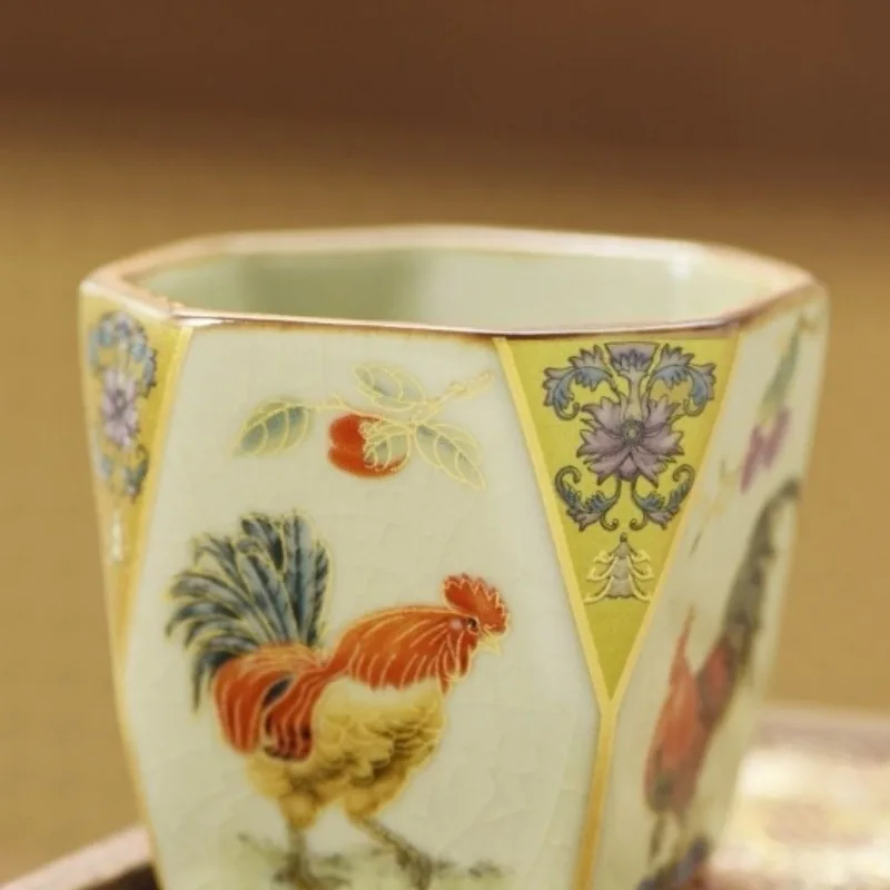 1pc Chinese Ru Kiln Porcelain Teacup, Hexagonal Rooster Pattern Hand Painted Tea Cup, Vintage Ceramic Master Cup for Gongfu Tea
