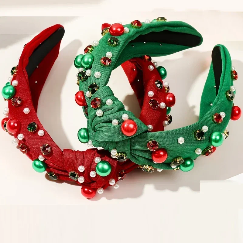 Women Christmas  Beaded Xmas Bow Tree Snowflake Knotted Headband Holiday Accessories Red Green Crystal Pearl Festive Gifts