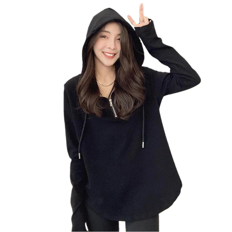 Maternity Women Pregnancy Cotton Black Hooded Zipper Long Sleeved T-shirt Female Spring Autumn Korean Hooded Bottom T-shirt Tops