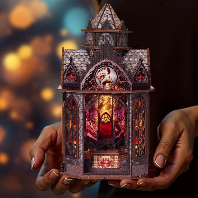 OUZEY ゴシック建築ブックヌック、ドラゴン尖塔DIY木製模型キット、LEDライト付き中世風本棚デコレーション