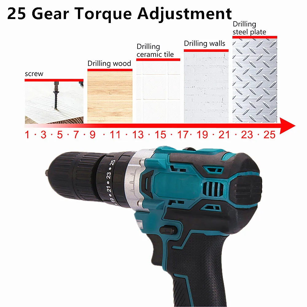 Brushless Electric Hammer Impact Drill 25+3 Torque 1000W 450NM 3 in 1 Cordless Rechargeable For Makita 18v Battery