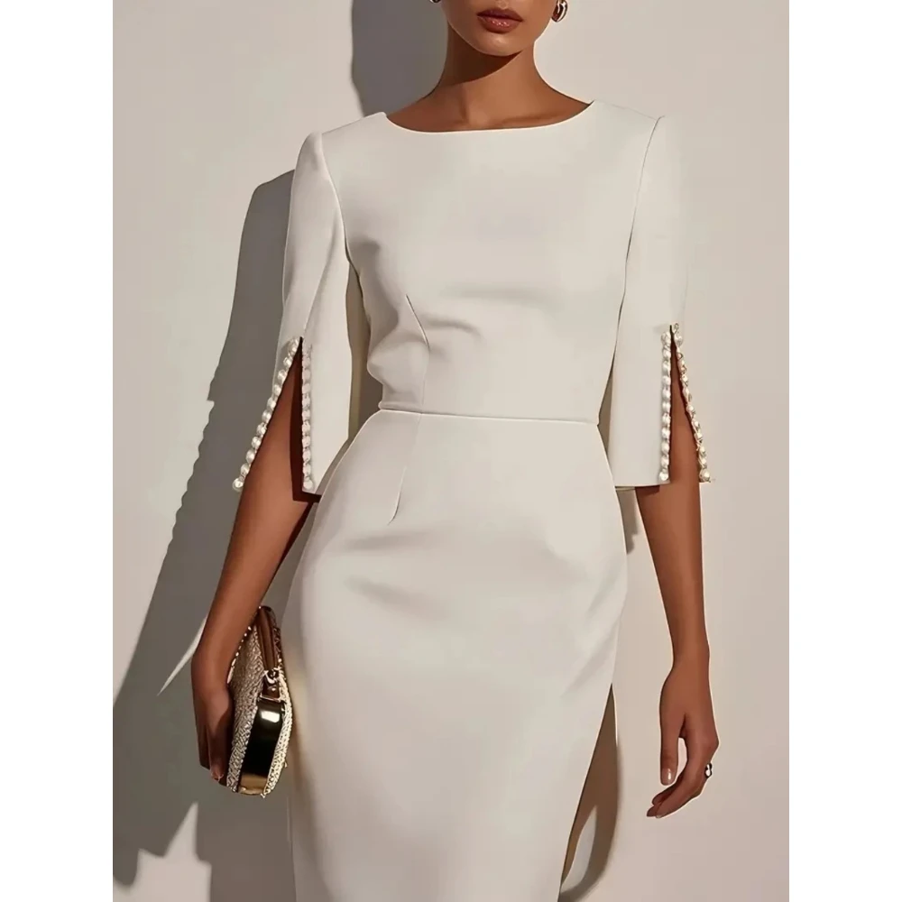 Customized Round Neck Pearl Trimmed Half Sleeved Evening Dresses 2026 New Slim Fit Elegant Mermaid Gown Suitable for Weddings