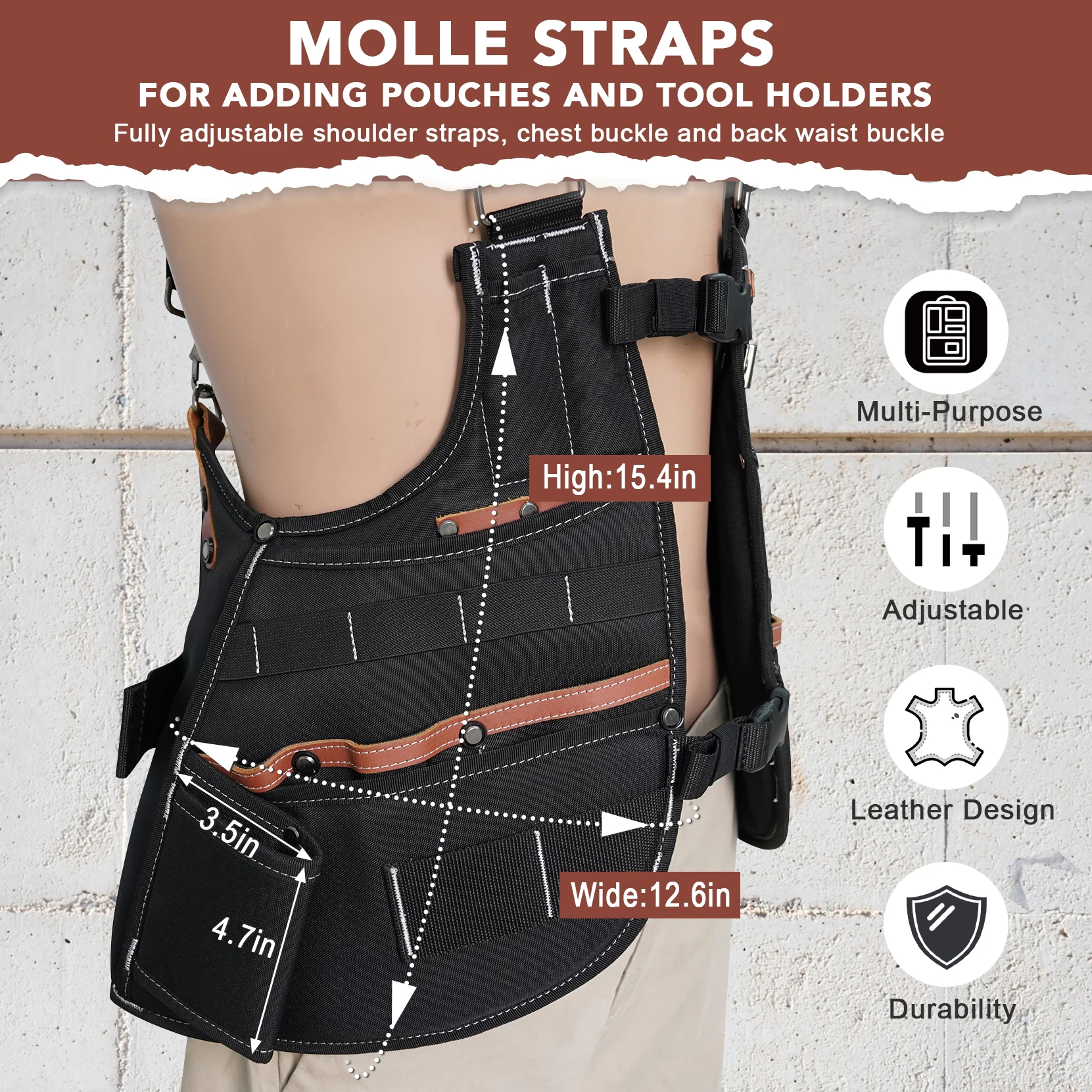 سترة أدوات جلدية للرجال - سترة عمل قابلة للتعديل بـ 37 جيبًا للكهربائيين والنجارين وعمال البناء #5