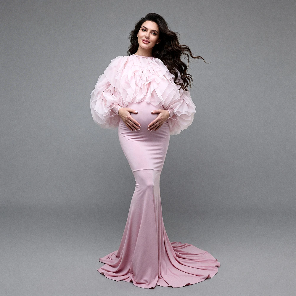 Baby Shower Dress Woman Pink Ruffled Tulle Overlay Long Sleeve Dress for Pregnant Women Maternity Clothing Pregnancy YW2603172D
