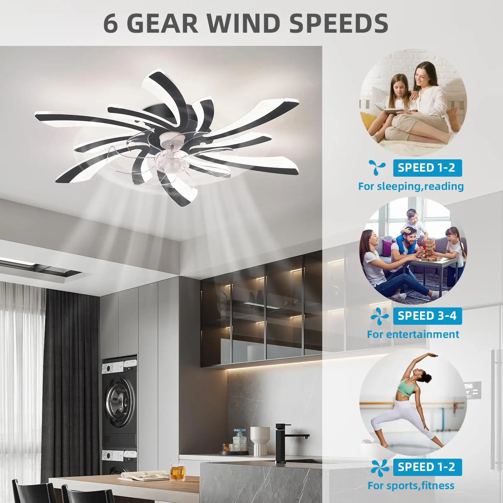 Adjustable ceiling fan light, 6-speed embedded ceiling fan, modern minimalist ceiling fan light, remote control and APP control