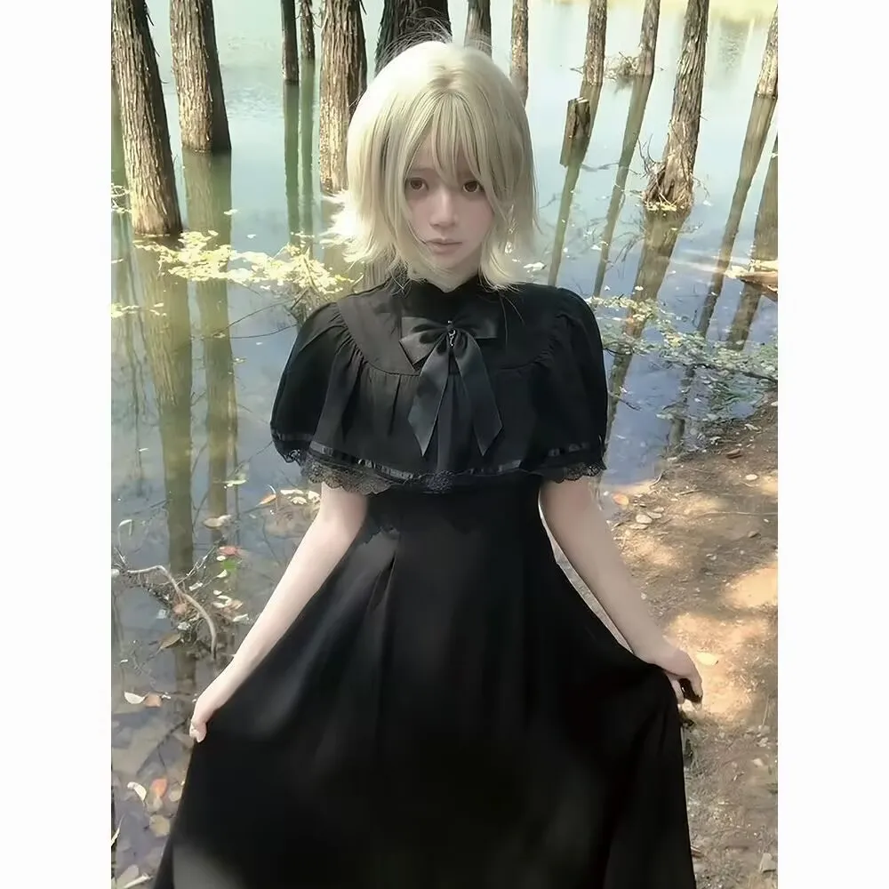 

Gothic Summer Slim Lace Dress Women Vintage Bow Thin Black Y2k Dresses Female Lolita Design New Black Long Dress Women Clothing