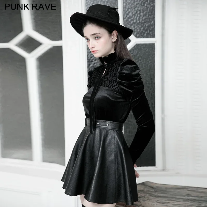 PUNK RAVE Women\'s Gothic Falbala Collar Velvet Bow Blouses Fashion Playful Long Sleeve Soft Cute Shirt Tops