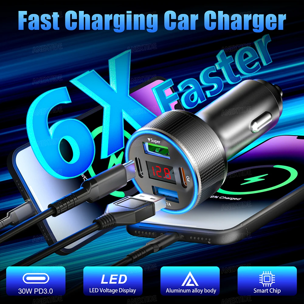 USB C Car Charger 4 พอร์ต Car Charger Adapter พร้อม LED Voltmer, อลูมิเนียมอัลลอยด์รถบุหรี่ไฟแช็ก USB Charger