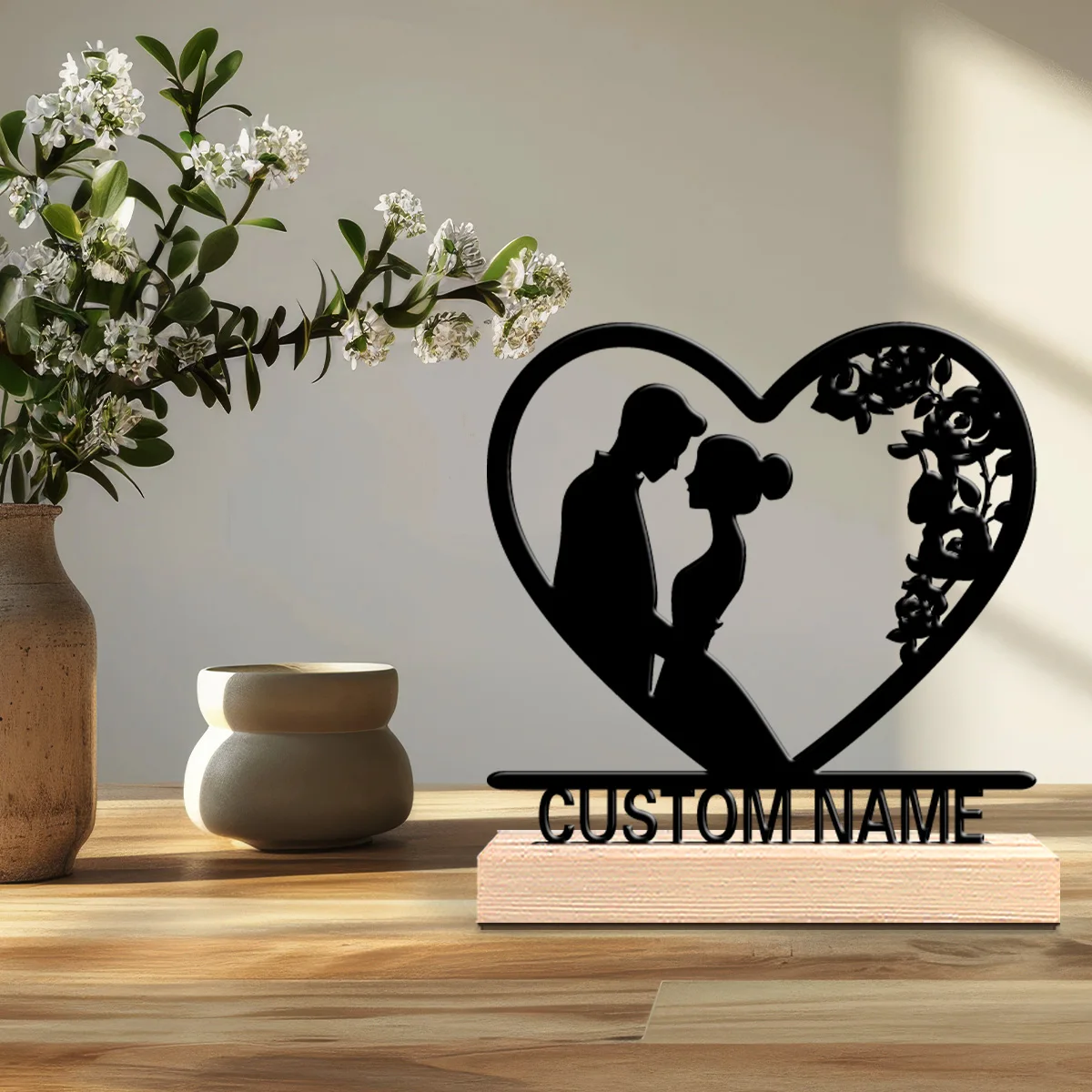 1pc Fashion Personalized Custom newlywed Metal Statues Wooden Base Bar Decor for Kitchen Dining Room Modern Rustic Themes