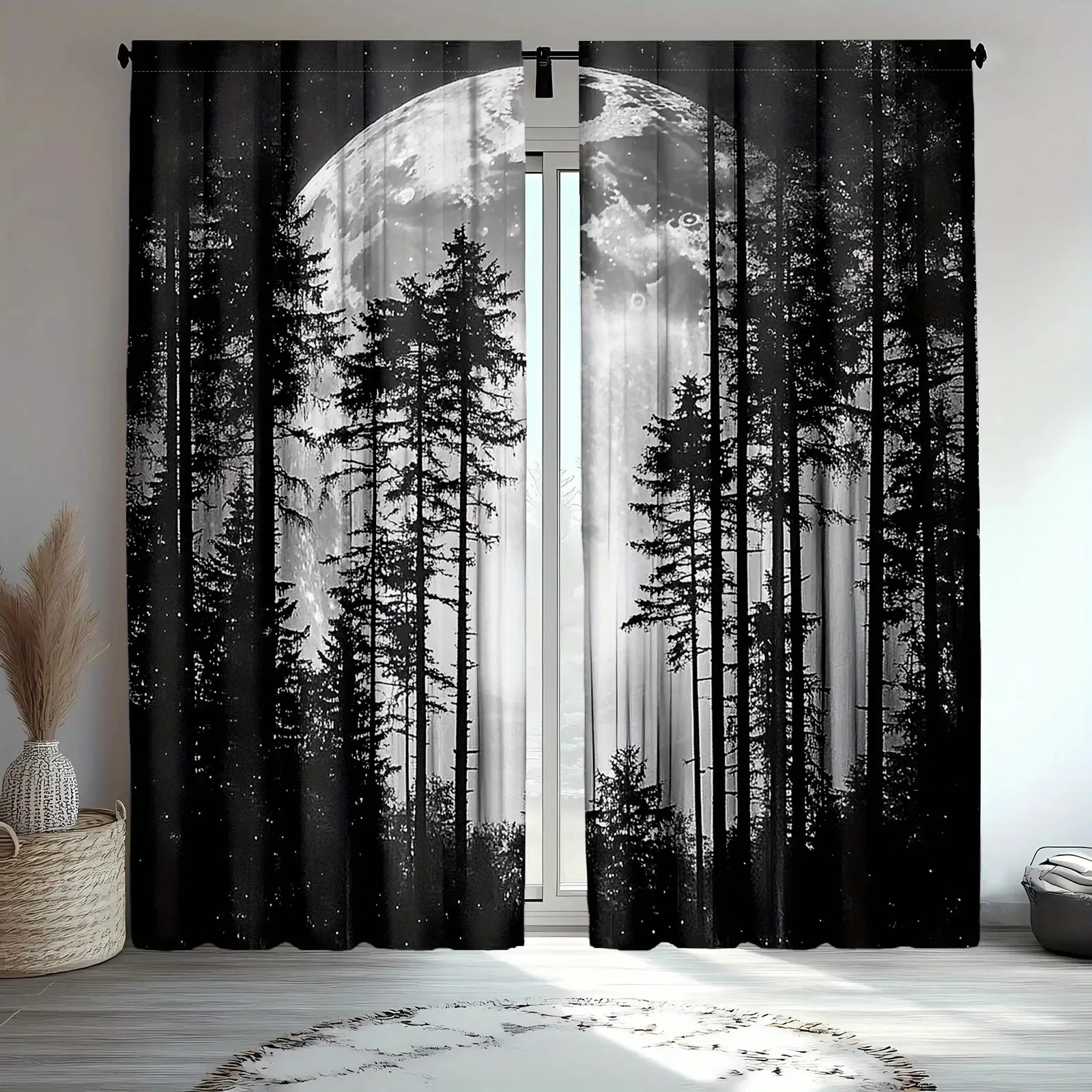 2pcs black moon forest night scene curtain for bedroom privacy and strong visual atmosphere Without curtain rod Durablematerials