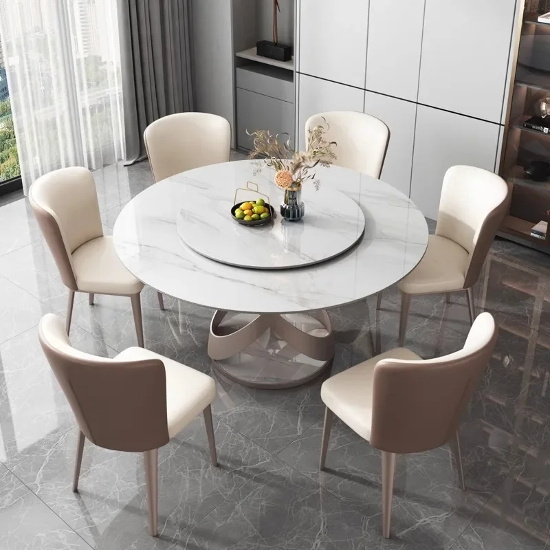 Bright rock slab round dining table with turntable round table light luxury modern simple household size dining table